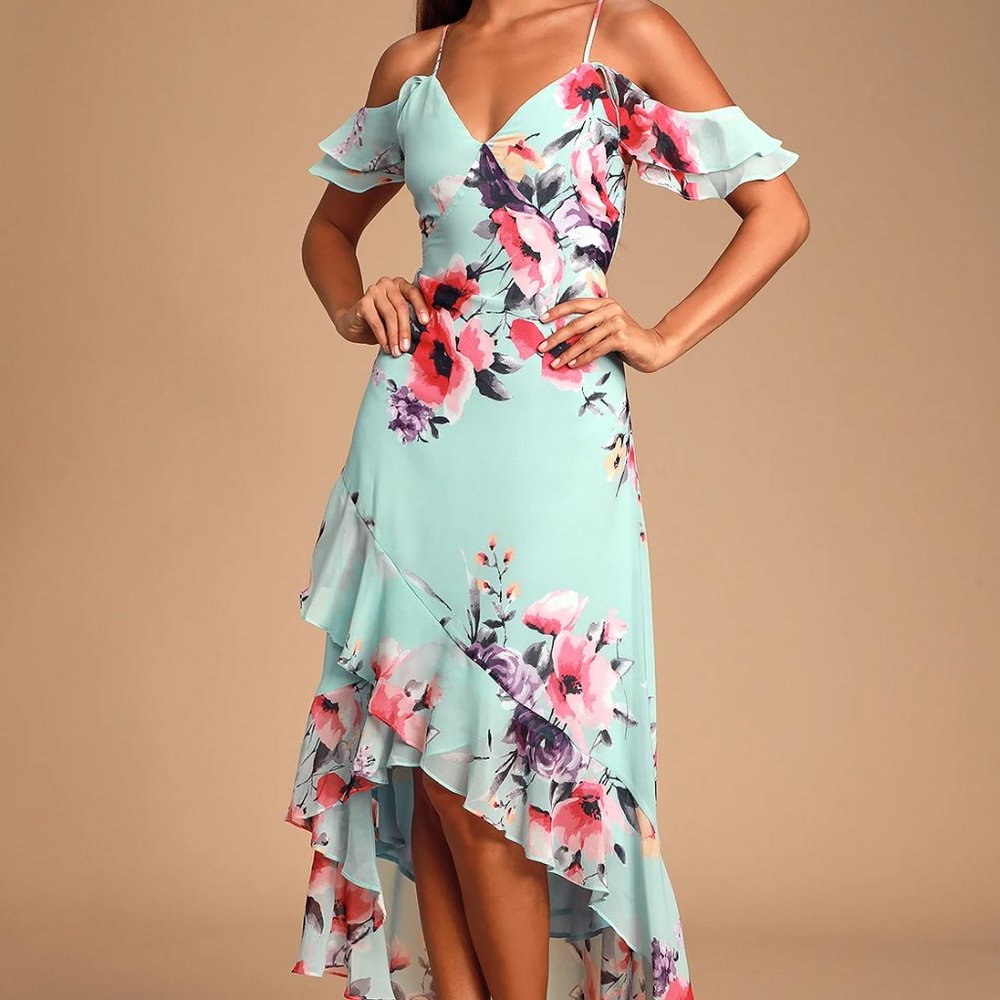 NWT ✨ Lulus - Love in Bloom Blue Floral Print Off-the-Shoulder Hi-low Dress - S